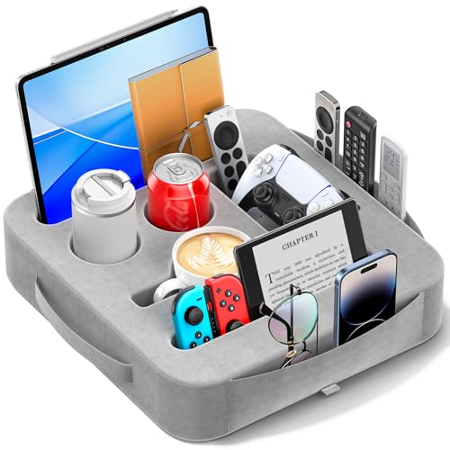 Couch Cup Holder Tray, Couch Caddy for Drink, Snack, Phone, Remote, Ipad, Game Controller, Large-size Sofa Cup Holder for Bed, Sofa, Car, Desk, Gray - color: Ash Gray, size: L-14"×15"×3.2"