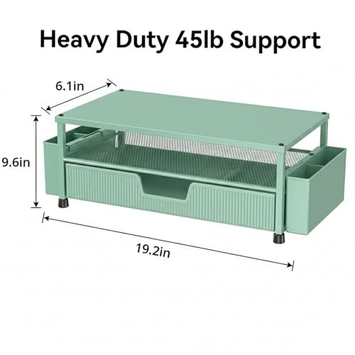 ECOLOVI Desk Organizer and Accessories, 2-Tier Computer Monitor Stand Rise with Storage Drawer & 2 Pen Holders, Laptop & Printer Stand for Desktop, Workspace Organizers for Office Supplies (Green) - color: Green