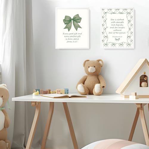 LARTSFRO Coquette Green Bow Jesus Wall Art Decor Posters, Olive Green Bow Christian Room Bedroom Bathroom Dorm Wall Art Decor Aesthetic for College Teen Girls Gifts, Inspirational Bible Verses Bow Wall Decor, 10x8 Inch Set of 4 Bow Pictures(UNFRAMED) - co