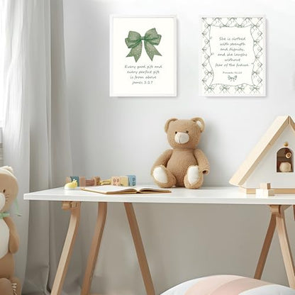 LARTSFRO Coquette Green Bow Jesus Wall Art Decor Posters, Olive Green Bow Christian Room Bedroom Bathroom Dorm Wall Art Decor Aesthetic for College Teen Girls Gifts, Inspirational Bible Verses Bow Wall Decor, 10x8 Inch Set of 4 Bow Pictures(UNFRAMED) - co