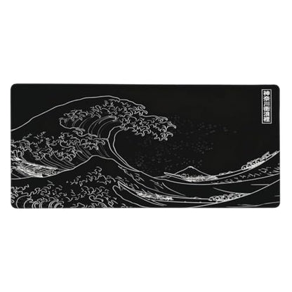 Japanese Gaming Mouse Pad XXL Black Mouse Pad Kanagawa Large Mousepad Non-Slip Rubber Base Waterproof with Stitched Edges for Gaming Office Home, 35.4x15.7x0.12 Inch (Black Wave) - color: Kanagawa Wave, size: 35.4Lx15.7W inches