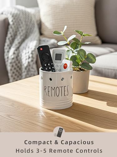 LEETOYI Farmhouse Ceramic Remote Control Holder, 4.9" Remote Caddy Storage White