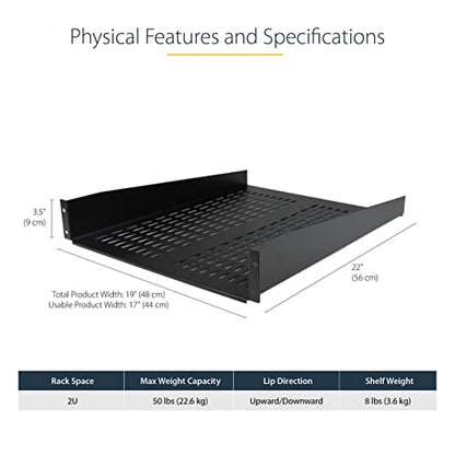 StarTech.com 2U Server Rack Shelf - Universal Vented Rack Mount Cantilever Tray for 19" Network Equipment Rack & Cabinet - Heavy Duty Steel - Weight Capacity 50lb/23kg - 22" Deep Shelf (CABSHELF22V) - size: 22"