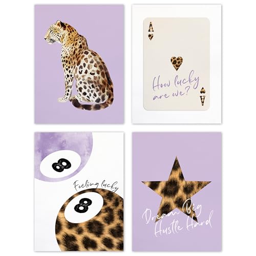 TLESKE Purple Preppy Cheetah Leopard Posters Prints Unframed 12x16 Set of 4, Dark Purple Trendy Lucky 8 Balls Wall Art Prints Decor for Teen Girls Dorm Bedroom, Retro Cheetah Print Wall Pictures - color: purple cheetah, size: 16L" x 12W"