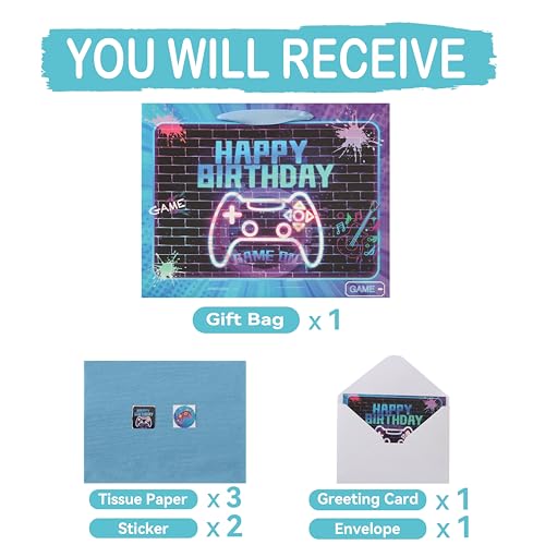 wishinside 13” Large Gamer-themed Birthday Gift Bag Set with Handles, Greeting Card, Tissue Papers and Stickers for Boys Girls Kids Teens Men Women, Game Design, 1 Pcs