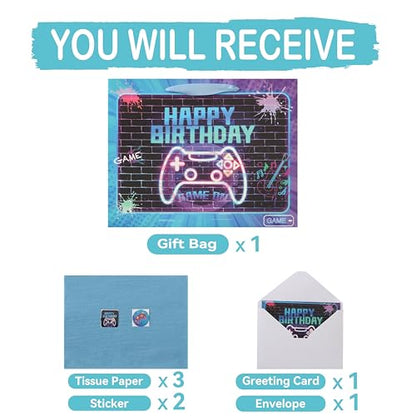 wishinside 13” Large Gamer-themed Birthday Gift Bag Set with Handles, Greeting Card, Tissue Papers and Stickers for Boys Girls Kids Teens Men Women, Game Design, 1 Pcs
