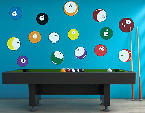 15 Billiard Balls Wall Decal Stickers Printed Graphic Game Room Decor Vinyl Wall Art. (Range from 8in x 8in to 11in x 11in in Size) #OS_MB130A. Easy to Apply & Removable. - size: Range from 8in x 8in to 11in x 11in in size.