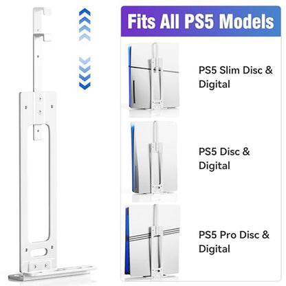 Wall Mount for PS5 with 2 Controller Holders, Sturdy Metal Console Holder Compatible with PlayStation 5, PS5 Slim, PS5 Pro Disc & Digital Editions, White