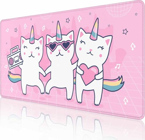 Gaming Mouse Pad, XXL Extended Computer Keyboard Long Mouse Mat, Large Desk Pad for Office Laptop, Non-Slip Rubber Base with Stitched Edge Mousepad, 31.5X15.7 inch Cute Unicorn Cat Pink - color: Cute Unicorn Cat Pink, size: 31.5L x 15.7W inches
