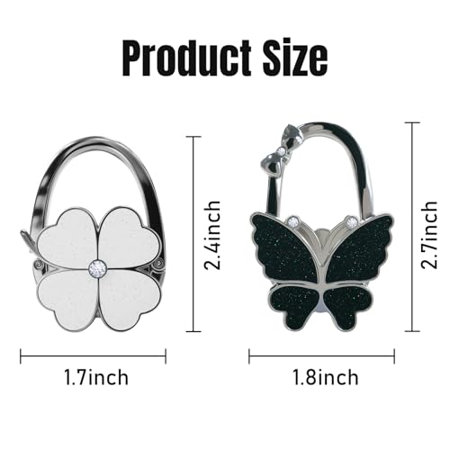 2PCS Foldable Handbag Hanger Butterfly and Four Leaf Clover Design Purse Hook for Table Hangs Almost Anywhere