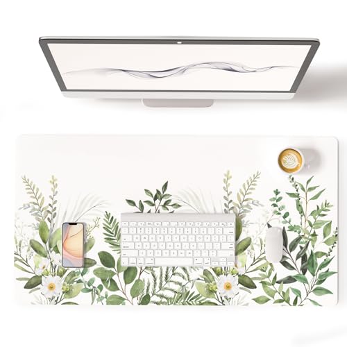 Colorful Star Large Mouse Pad, Green Leaves Waterproof Office Desk Mat, Non-Slip Computer Gaming Mouse Pad, XXL PC Laptop Protector Pads, PU Leather Desk Writing Pads for Office Home, 31.5" x 15.7" - color: Watercolor Green Leaves, size: 31.5" x 15.7"