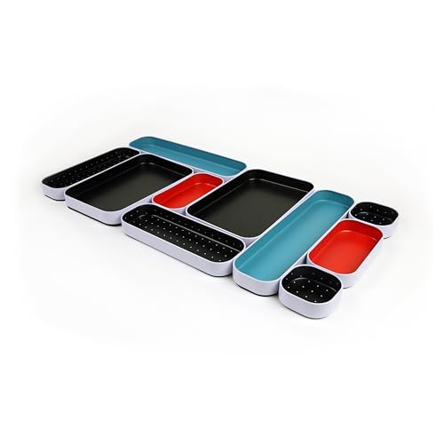Three by Three Seattle 10 Piece Metal Organizer Tray Set for Storing Makeup, Stationery, Utensils, and More in Office Desk, Kitchen and Bathroom Drawers (1 Inch, Blue Black Red and Dots) - color: Blue, Black, Red, Dots, size: 10 Piece