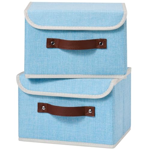 2PCS Storage Boxes with Lid Cotton Linen Fabric Storage Bins Organizer Container Decorative Collapsible Washable Shelf Closet Baskets Faux Leather Handles Home Bedroom (Light Blue, Small) - color: Light Blue, size: Small (Set of 2)