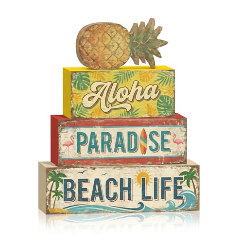 4 Pcs Tropical Pineapple Party Decorations Summer Hawaiian Luau Table Wooden Signs Summer Beach Tiered Tray Decor Fruit Home Bar Shelf Sitter Aloha Paradise Tiki Table Top Gifts - style: Tropical Pineapple