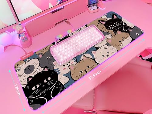 JMIYAV Pink RGB Gaming Mouse Pad 31.5x12 Inch PC XL Large Extended Glowing Led Light Up Desk Pad Non-Slip Rubber Base Computer Cute Mousepad Mat Desk Accessories Gaming Setup Cat Pile - color: Cat Pile