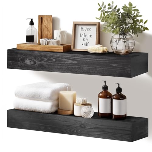 17x3x7 inch Floating Shelves Wall Mounted - Set of 2 Black Rustic Solid Wood Wall Shelf - Heavy Duty Decorative Fireplace Mantel for Living Room, Bedroom, Bathroom, Kitchen - color: Black, size: 17x3x7-hollow-2pack
