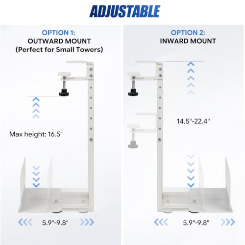 TooCust Adjustable Under Desk PC Mount, Heavy Duty No Drilling Clamp Mount on Desk Fits Most PC Tower 14.5”-22.4” (H) , Thickened & Ultra Strong CPU Holder for Standing Desk & Home Office, White - color: White