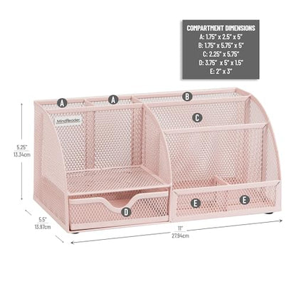 Mind Reader 7-Compartment Desktop Organizer, Metal Mesh Desk Organizer for Pens, Sticky Notes, Mail and Office Supplies, Pink - color: Pink