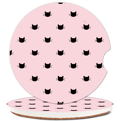Absorbent Car Cupholder Coaster 2 Pack, Cute Car Coasters with a Finger Notch for Women & Men,2.56" Ceramic Stone & Non-Scratch Cork Base Drink Coasters,Car Accessories Gifts (Cute Cats Pink - color: Cute Cats Pink