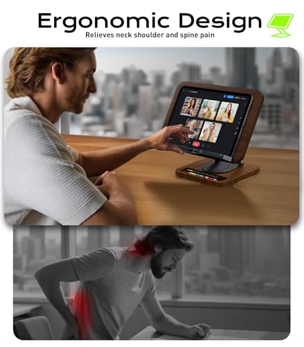 Book Stand for Reading, Adjustable Book Holder, 360° Rotating Bases with Pen Slot, Ergonomic Cookbook Stand Recipe Book Holder with Elastic Page Clips for Magazines, Tablets, Laptops - color: Brown