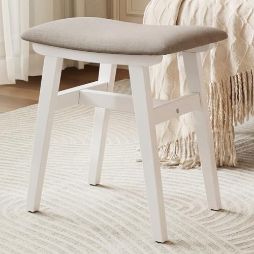 Solid Wood Small Vanity Stool Chair, Makeup Stools for Vanity Desk, Bathroom Vanity Chair, Padded Foot Stool for Living Room, Ottoman Foot Rest for Couch, Small Bench for Entryway, White - color: White