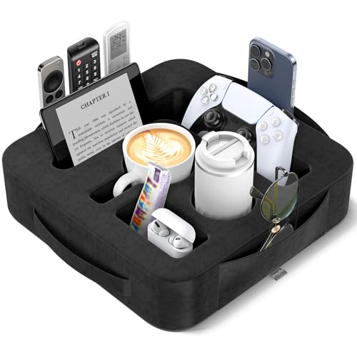 Couch Cup Holder Pillow, Sofa and Bed Caddy for iPad, Kindle, Switch, Game Controller, Remotes, Phones, Small-Sized Cup and Drink Holder for Couch, Bed, Desk, Car, Beach, Bathroom Cup Holder, Black - color: Black, size: M-13"×13"×3.2"