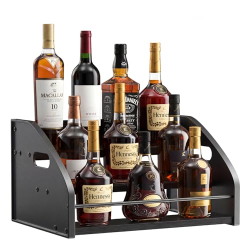 Countertop Liquor Bottle Organizer Shelf, 3-Tier | Rustic Display Rack, For Wine & Coffee Syrups, Freestanding Bar and Kitchen Storage, Easy-Carry Handles - color: 3-tier Black