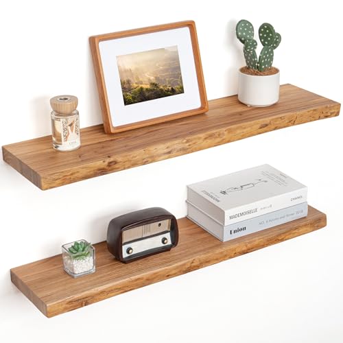 Floating Shelves for Wall Decor, Rustic Solid Elm Wood Live Edge Floating Shelves Wall Mounted, Wall Shelves with Invisible Bracket for Living Room Bathroom Bedroom Kitchen, 32 Inch Set of 2, Natural - color: Natural, size: Live Edge, 32inch, 2Packs