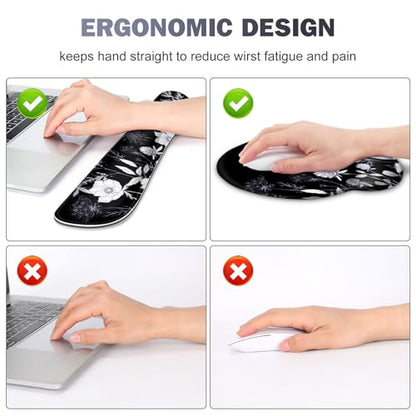 Gaming Mouse Pad, Large Desk Mat, Cute Desk Pad Protector, 4in1 XXL Mousepad + Keyboard Wrist Rest+Mouse Wrist Rest+Coaster Set with Ergonomic Desk Pad for Home Office PC Computer, Black White Flowers - color: Black White Flowers