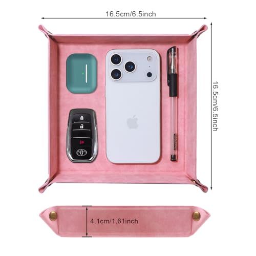 Valet Tray Desktop Storage Organizer – Premium PU Leather Catchall Bedside Vanity Tray Nightstand Caddy Holder for Remote Controller, Keys, Phone, Wallet, Coin, Jewelry,Pink - color: Pink