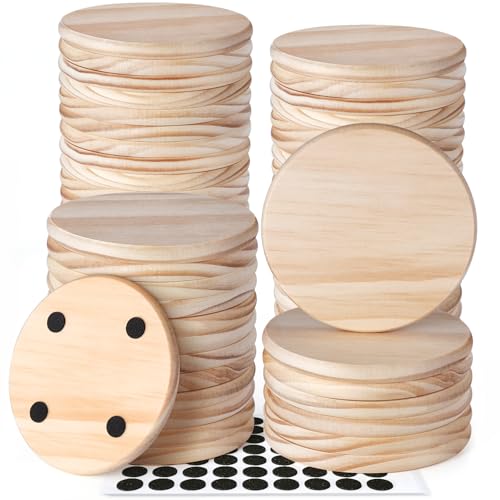 60 Pieces Unfinished Wood Coasters, GOH DODD 4 Inch Wooden Blanks with Non-Slip Pads for Laser Engraving Wood Burning Staining Painting Decoupage Housewarming Gifts Wedding Crafts Education, Round - color: Round-60pieces