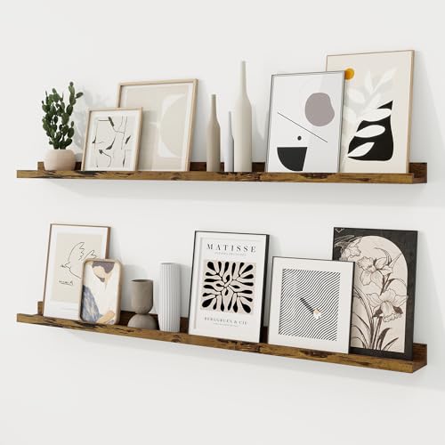 RICHFOCUS Picture Ledge Shelf, 48 inch Floating Shelves Set of 2, Wood Wall Shelves with Lip, Wall Decor Storage for Bedroom Living Room Bathroom Kitchen Nursery Photo Picture, Rustic Brown - color: Rustic Brown, size: 48 Inch, set of 2