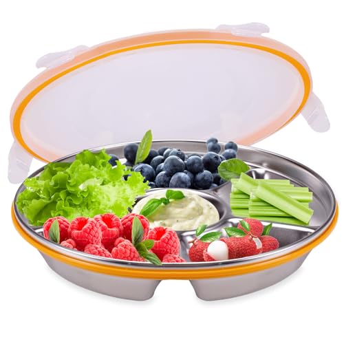 ASTIMESA Divided Serving Tray with Lid 6 Compartments, 10.4 Inch Stainless Steel Round Veggie Tray, Reusable Snack Box Container Fruit Platter Parties Fridge Food Storage Picnic (1 pcs)