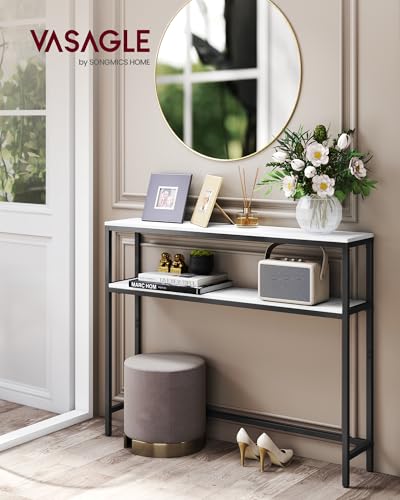 VASAGLE Console Table, 2-Tier Narrow Sofa Table with 2 Shelves, 7.9 x 39.4 x 31.5 Inches, for Living Room, Hallway, Entryway, Marble White and Ink Black ULNT131W59V1 - color: Marble White + Ink Black, size: 39.4"W - Without Power Outlet