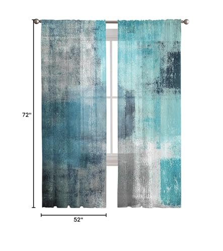 Turquoise Blue Grey Sheer Curtains 72 Inch Length 2 Panels Set for Living Room/Bedroom, Teal Abstract Art Painting Semi Curtain Sheers Drapes Rod Pocket Curtains Window Treatment Set - color: Abstract Painting, size: 52"W x 72"L (Pack of 2)