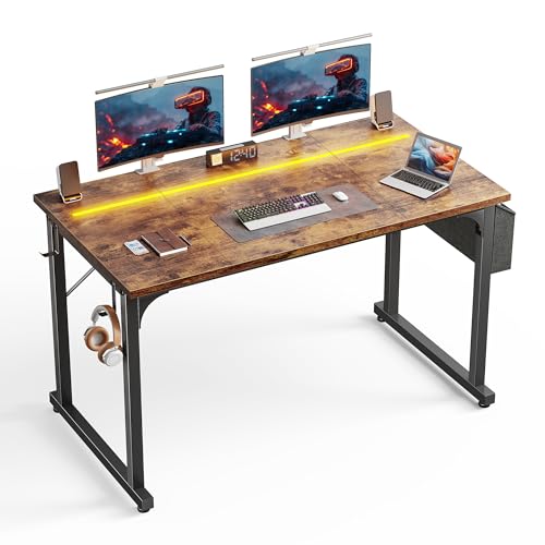 DurayLoly 48 Inch Computer Desk with Waterproof LED Lights,Study Desk for Teens & Home Office,Headphone Hook & Storage Bag Included,Sturdy Metal Frame,Small Space Friendly,Rustic Brown - color: Brown, size: 48 Inch