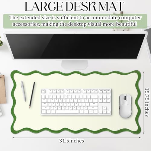 Hahafelt Scalloped Desk Mat Large Desk Pad Cute Coquette Table Mat Back to School Preppy Table Make up Pad Nonslip Graduation Gift with Stitching Waterproof Gaming(Green,23.6 x 13.8 Inches) - color: Green, size: 23.6 x 13.8 Inches
