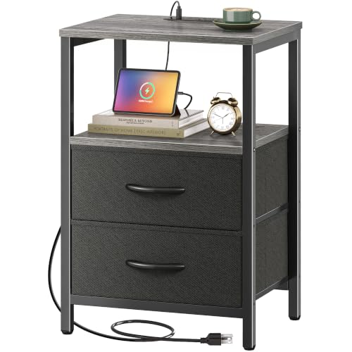 Huuger Nightstand with Charging Station, Side Table with Fabric Drawers, End Table with Open Shelf, Bedside Table with USB Ports and Outlets, Night Stand for Bedroom, Charcoal Gray - color: Charcoal Gray and Black, size: 11.8"d X 15.7"w X 23.6"h (2 Drawer