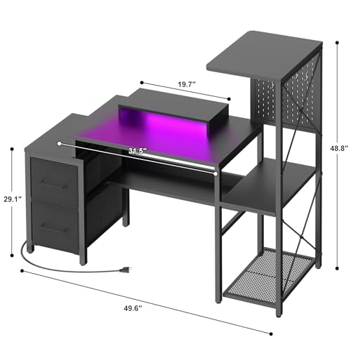 Small Gaming Desk with 2 Fabric Drawers - Reversible Computer Desk with Power Outlet & LED Lights, 49" Office Desk with Monitor Stand & Storage Shelves, Writing Study Table with Pegboard, Black - color: Black