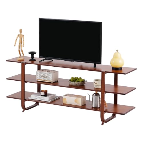 Welnow Bamboo TV Stand for Up to 65 Inch, Mid Century Modern Entertainment Center with 3-Tier Open Shelves, Storage Media Console Table for Living Room, Bedroom, Walnut - color: 3 Tiers Walnut, size: 55.1"
