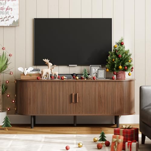 ONBRILL 55" TV Stand with Power Outlet for TVs up to 60 Inch, Entertainment Center with Storage and Adjustable Shelves, Modern Media Console with Sliding Doors for Living Room, Walnut - color: Walnut, size: 55 Inch