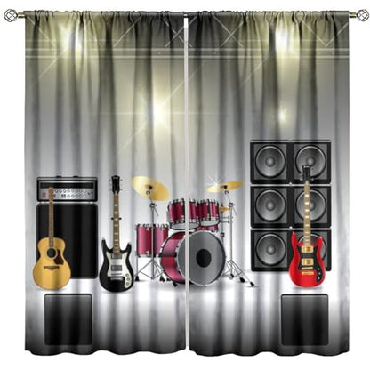 Rock Music Curtains, Teens Boys Electronic Musical Instrument Curtain Guitar Drum Speaker Window Drapes for Bedroom Living Room 42" W X 45" L - color: Music-9, size: 21"W x 45"L (Pack of 2)