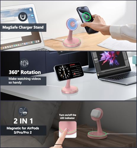 Magnetic Wireless Charger Stand 15W Fast Mag-Safe Charger for iPhone 17 /17 pro/ 17 Air/ 17 pro max 16/15/14/13/12 Series Magnet Wireless Charging Station/Pad with Sleep-Friendly Light for AirPods - color: Magneitc Purple