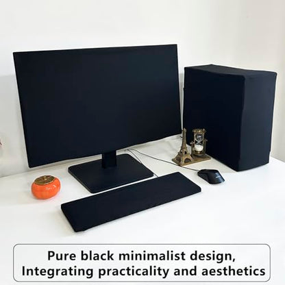 3-Piece Computer Dust Cover Set - Waterproof & Dustproof with Elastic Fabric, Pure Black Minimalist Design, Includes mainframe Case, Keyboard & 19-27 Inch Monitor Covers , Universal Fit