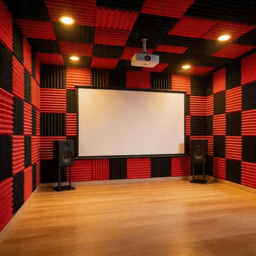52 Pack Black/red 12 "X 12 "X1" Acoustic Panels Studio Soundproofing Foam(Accompanied By Double-Sided Adhesive Tape) - color: Black/red