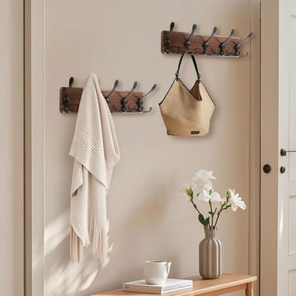 2 Pack Coat Rack Wall Mount 16.8'' Rustic Hat Rack with 5 Triple Hooks Coat Hooks Wall Mount Farmhouse Wall Hooks for Hanging Coat, Bags, Towels - color: Brown Plate & Black Hook, size: 2 Item-5 Hooks