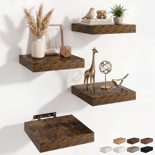 RICHFOCUS 8 Inch Floating Shelves for Wall Small Square Shelves Set for Bedroom|Kitchen|Bathroom|Wall Mounted Rustic Wood Floating Shelf with Invisible Brackets for Books|Storage|Decor, Rustic Brown - color: Rustic Brown, size: 8"L x 8"D, Set of 4