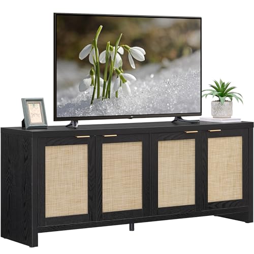 SICOTAS TV Stand for Living Room Boho Entertainment Center for Bedroom with 4 Rattan Cabinets Farmhouse Television Stands with Storage Large Media Console Table for TVs up to 65 Inch - color: Black Oak