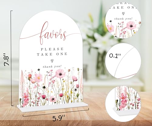 Pink Flower Favors Please Take One Sign, Gift Table Decor, Bridal Shower Decor, Wedding Reception Decorations, Bridal Shower Centerpieces For Tables, Acrylic Arch Wedding Sign With Base -10 - color: Favors Please10