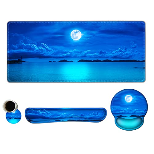 ARTSO Large Mouse Pad Set, Ergonomic Keyboard Wrist Rest Support, Memory Foam Gel Extended Non-Slip Desk Blotter Pad for Office, Home, Moon Blue Sea - color: Moon Blue Sea